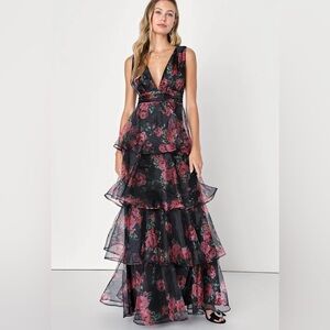 NWT Lulu’s Garden Radiance Black Tiered Organza Long Flower Maxi Dress sz XL
